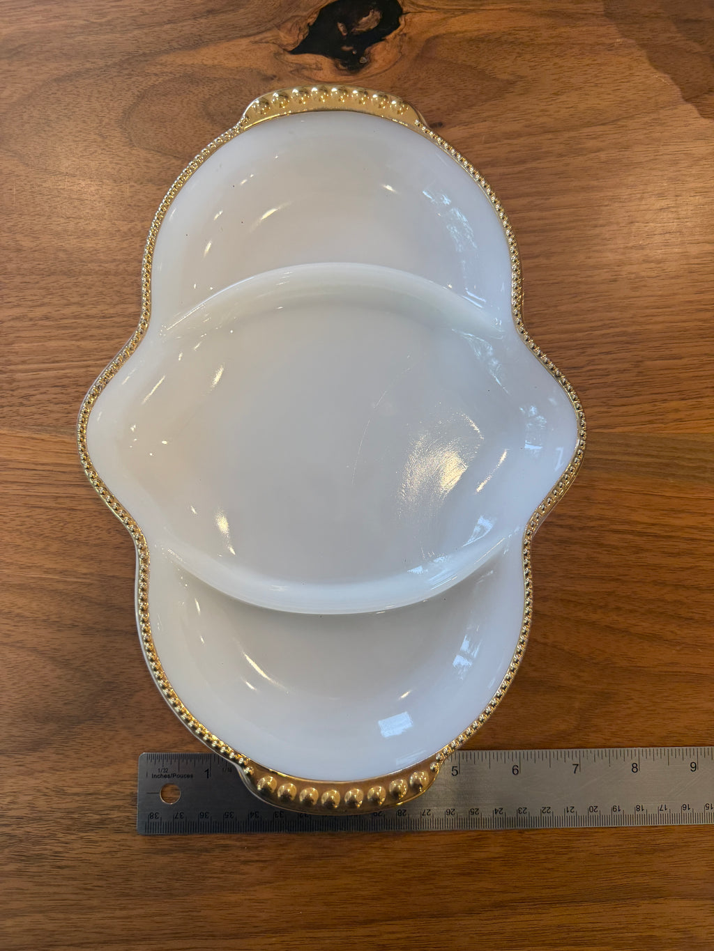 Vintage Fire-King Glass Divided Dish - White with Gold Rim