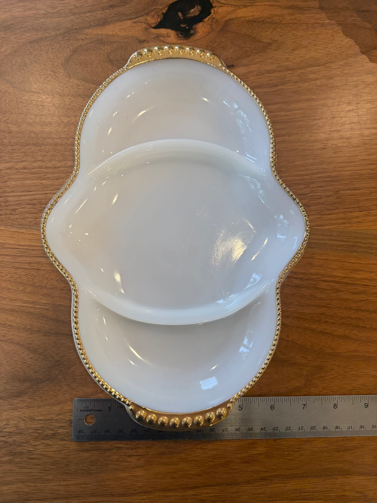 Vintage Fire-King Glass Divided Dish - White with Gold Rim
