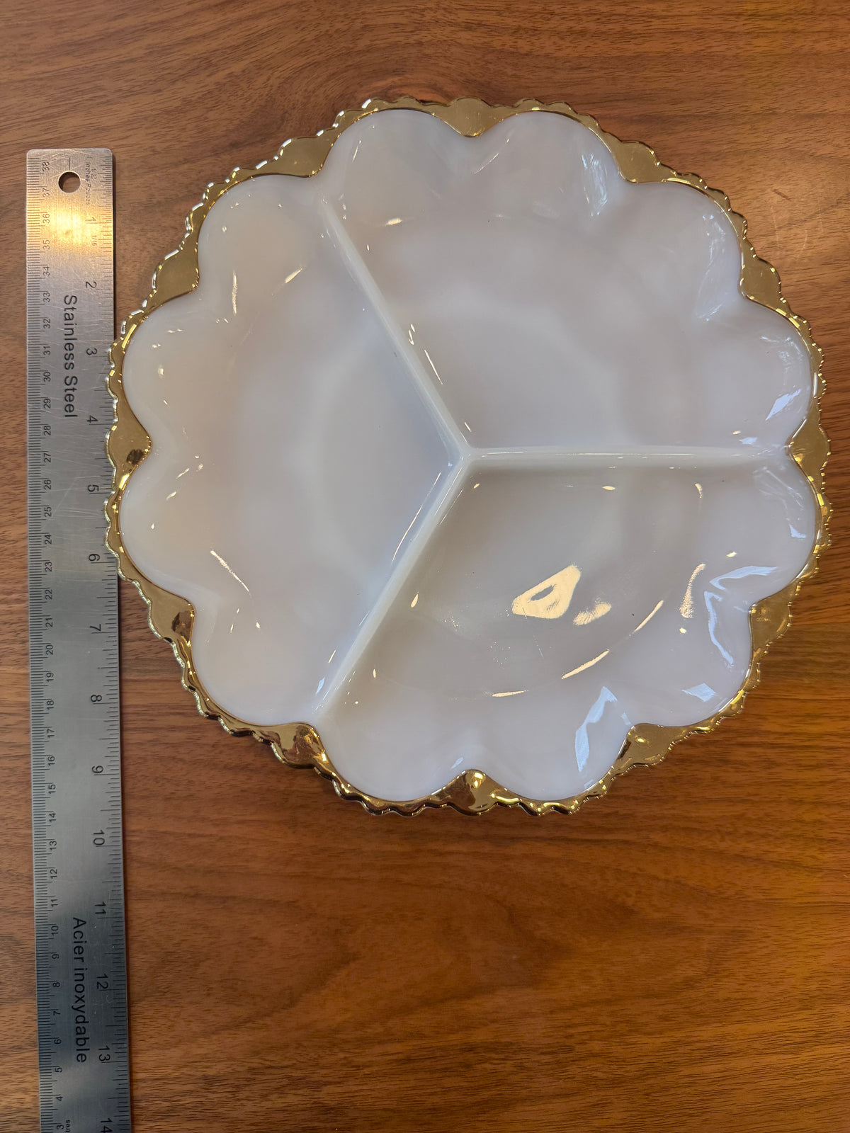 Vintage Fire-King Glass Divided Dish - White with Gold Rim